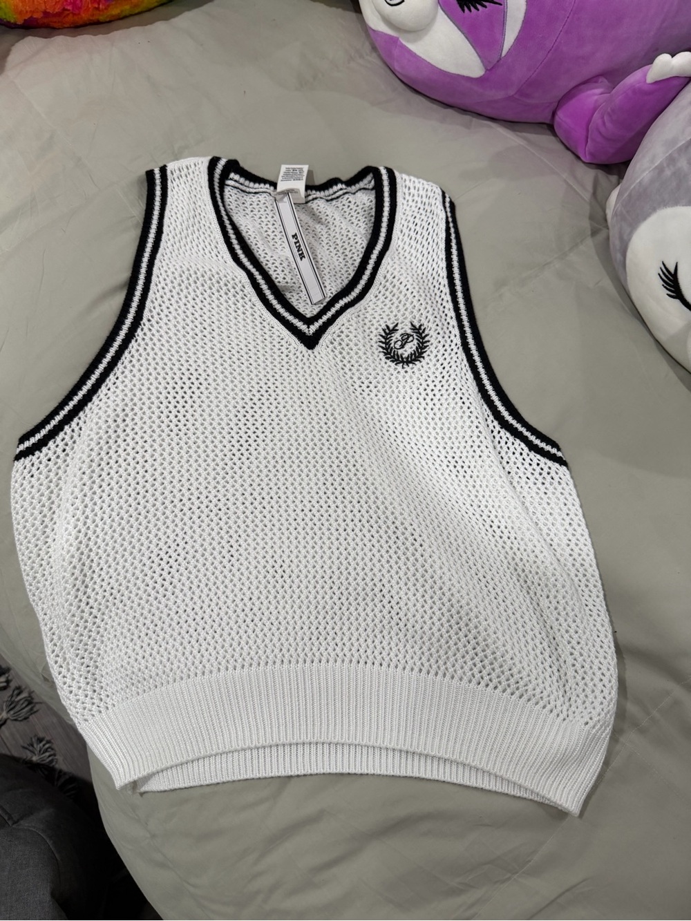 PINK Victoria's Secret White Knit V-Neck Vest with Black Trim